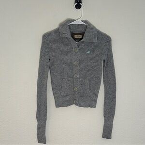 Hollister Gray Ribbed Collared Cardigan - Y2K Preppy Coquette - M